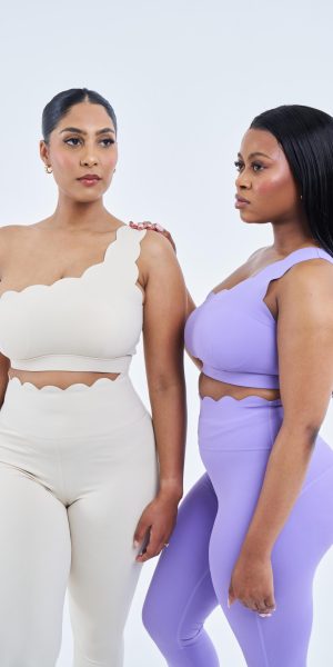 One Shoulder Frill Set Beige / Purple